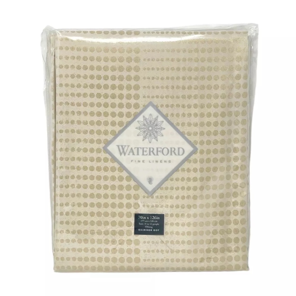 WATERFORD 70 x 126 Christmas Holiday Shimmer Gold Dot Tablecloth Seats 10-12 NEW